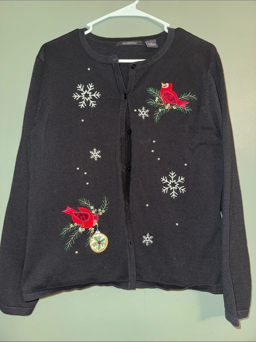 KB Collections Embellished Cardinal Snowflake Cardigan Sweater Black  Mom 90s